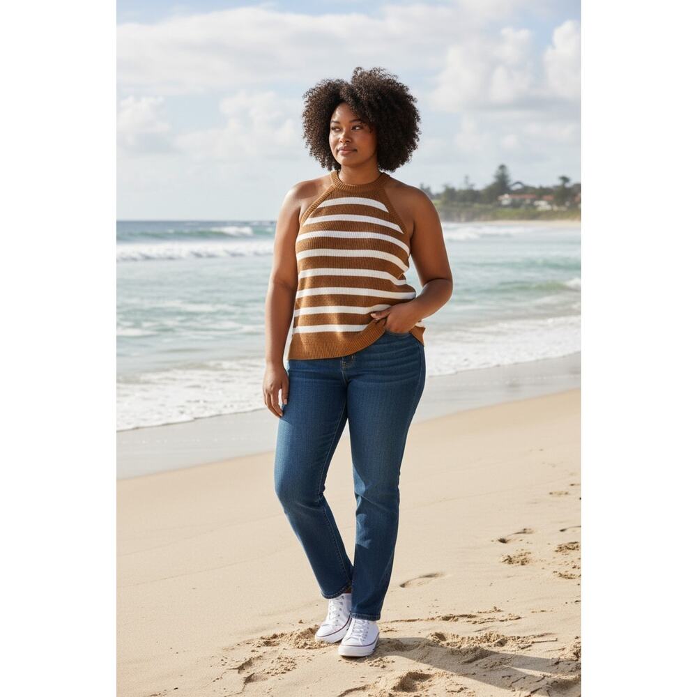 Old Navy Sweater Tank Womens 2X Brown White Knit Nautical Summer Boho